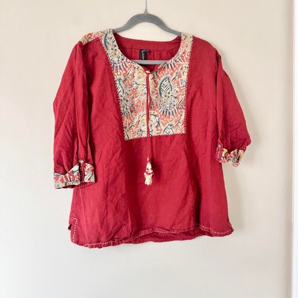 Red Paisley Organic Cotton Blouse Boho yellow tassel